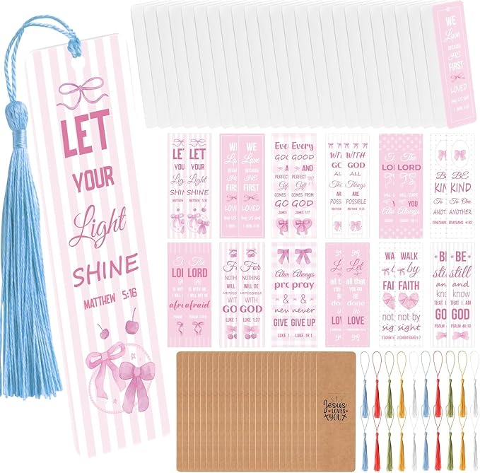 Haooryx Pink Bow Bible DIY Bookmark - 96Pcs Pink Christian Bible Verse Tassel DIY Bookmark UV DTF Transfer Sticker Blank Transparent Rectangle Acrylic Book Marker Kids DIY Crafts Kit Birthday Gift Tag