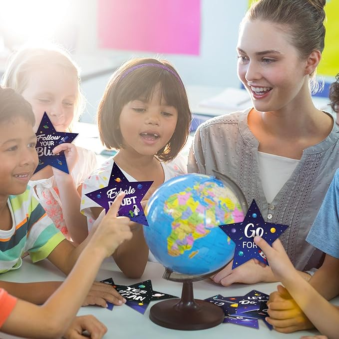 Pajean 48 Pcs Star Positive Bulletin Board Decoration Cutout Affirmation Station Classroom Bulletin Board 6 Inch Inspirational Classroom Decor Double Sided for Teacher Student Back to School(Space)