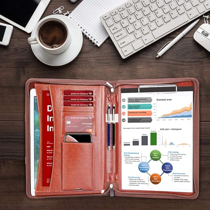 Darolin Zippered Leather Padfolio Portfolio with Hidden Handle and Clipboard, Business Conference Organizer Notepad Folder, Portfolio Bag, Padfolio for Women/Men (Brown)