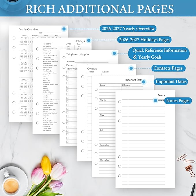 2026-2027 Weekly & Monthly Planner Refill, A6 Small Size Planner Inserts with Monthly Tabs, Size 3, 3.8"x6.8", July 2026 - June 2027, 6-Hole Punched