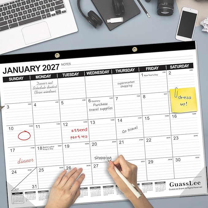 GuassLee Large Desk Calendar 2026-2027,19 Months from Jun. 2026 to Dec. 2027, 22 x 17 Inches Desktop Wall Calendar Hanging Planner with Julian Date, Notes, Corner Protectors for School Home Office