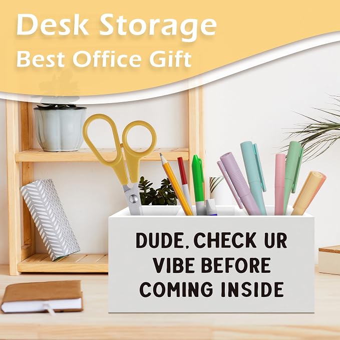 Funny Classroom Pen Pencil Holder, Funny Classroom Desk Accessories, Check Ur Vibe Kids Wooden Pen Pencil Organizer for Classroom Office Kids Room Bedroom Desk Decor