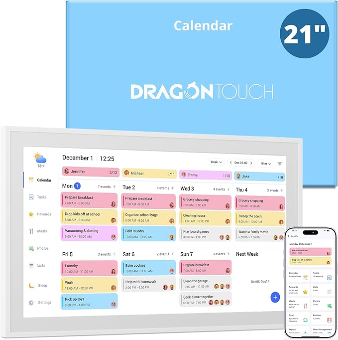 Dragon Touch 21.5" Digital Calendar Chore Chart – 1080P Full HD Interactive Touchscreen, Smart Family Planner, Hearth Display Digital Wall Calendar & Desk Mountable for Seamless Scheduling