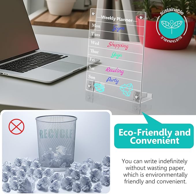 2PCS Clear Acrylic Weekly Dry Erase Board Desktop, 8x6 Small Magnetic Whiteboard with Stand for Table Calendar Memo Board for Fridge, Office, School, Home