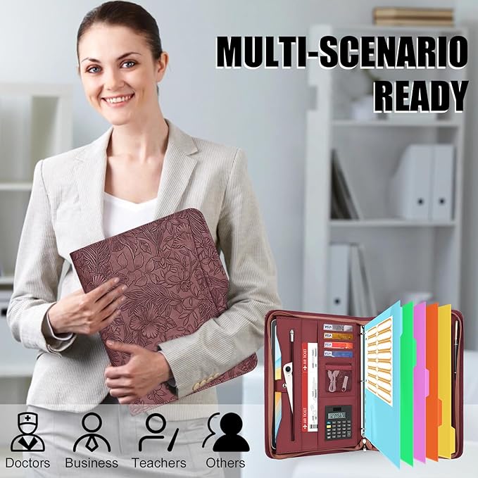 Eshow Portfolio Organizer - 3 Ring Binder with Zipper, Vegan Leather Business Padfolio Folder with Notepad Includes 5 Color Sheet Protectors for Documents Files for Men Women
