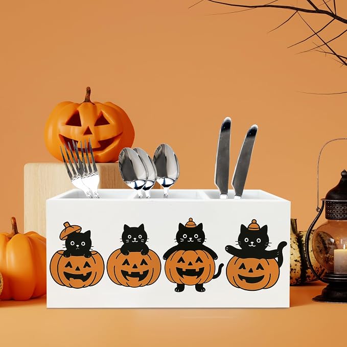 Halloween Black Cat Pen Holder for Desk, Funny Pumpkin Cute Black Kitten Wooden Box Sign Desk Decor for Home Office Decoration, Fall Halloween Pencil Organizer, Cat Lover Gifts