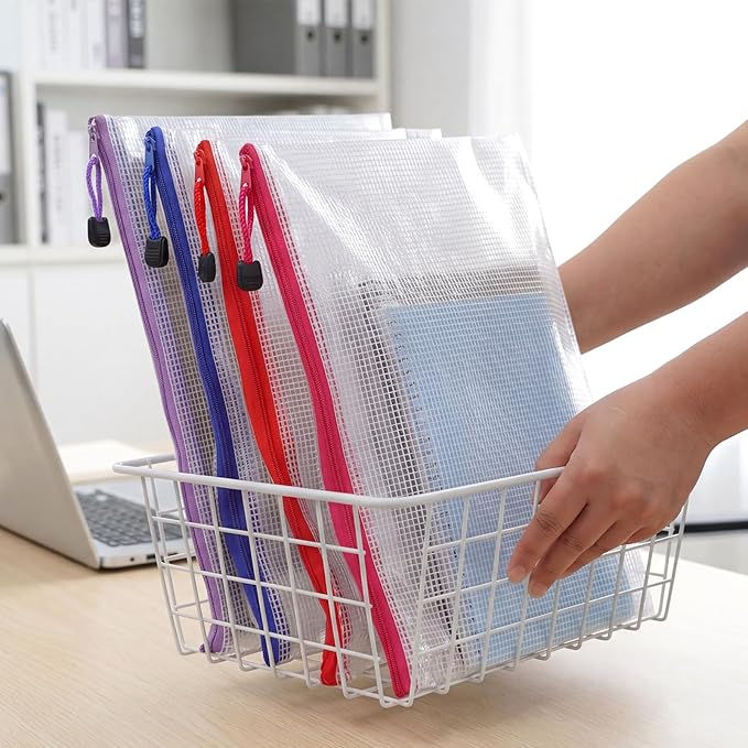 Thboxes 24 Pack Mesh Zipper Pouch Bags, A3 17x12 Inches Large Mesh Bag with Sticky Labels - 12 Colors Waterproof Zipper Bags for Classroom, Board Game, Puzzle, Office Files, Travel and Home Storage