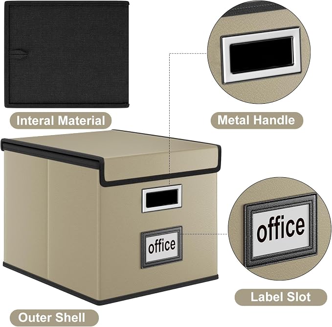 Faux Leather File Organizer Box with Lid, Collapsible Hanging File Folder Box Organizer with Plastic Slides, Decorative Home/Office Filing System Boxes for File and Folder Storage-Khaki
