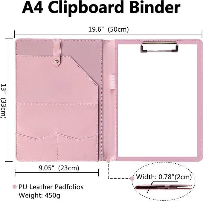 Portfolio Folder Padfolio with A4 Clipboard, PU Leather Portfolio Clipboard Business Binder Writing Clip Board Organizer for Legal Documents Business Card Men Women Pink