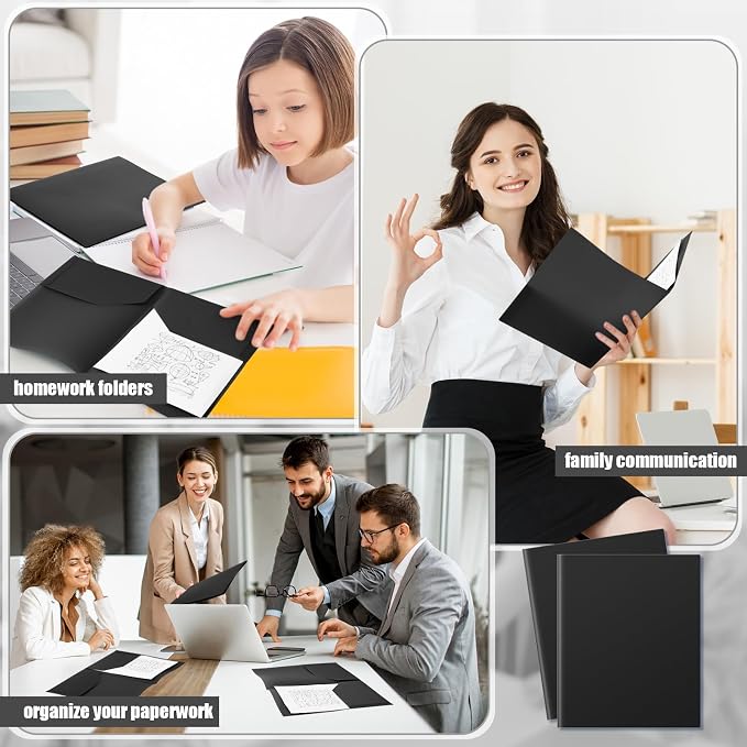 Gueevin 100 Pack Plastic Folder with Pockets, 2 Pocket Folders, Plastic Glossy Folders Fit Letter Size Paper, Heavy Duty Durable File Folder with Business Card for Home Office School (Black)