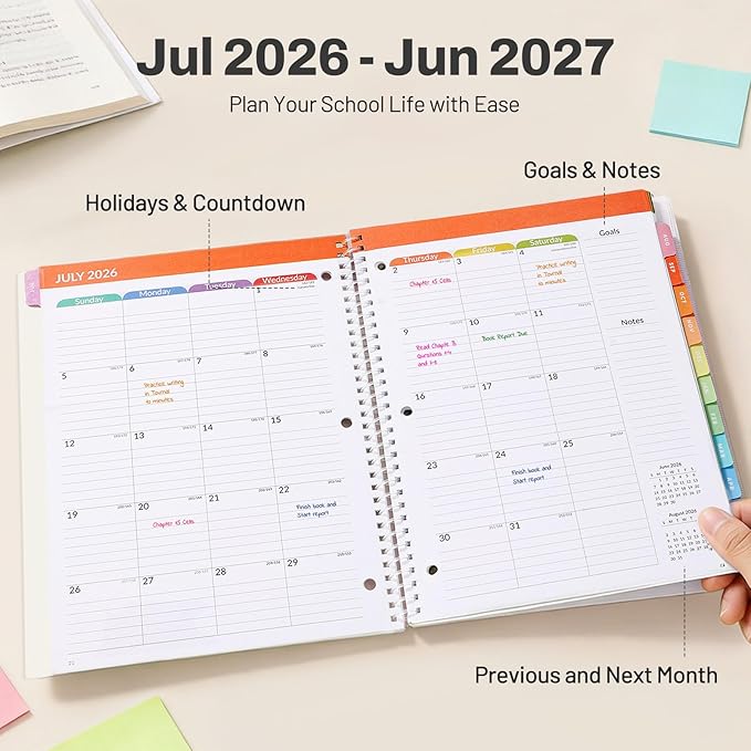 Student Planner 2026-2027, SUNEE Academic Weekly & Monthly School Planner, Jul. 2026 - Jun. 2027, 8.5"×11" School Lesson Plan Book with Week's Goals, Bookmark, Monthly Tabs, 3-Hole Punched, Sage Green