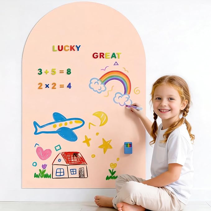 48x32 Magnetic Wall Decal Arch Shape -Black Chalkboard for Kids Playroom & Classroom Heavy Duty Magnetic Base for Building Tiles & Letters | Includes Liquid Chalks & Accessories (Milk Tea)