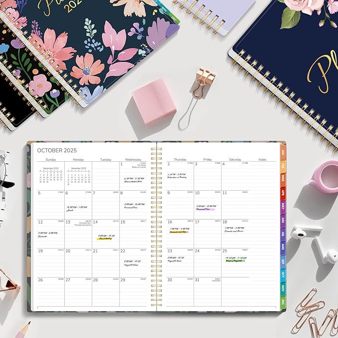 GNL 2026 Planner, Weekly and Monthly Planner (January - December 2026), 8.5" x 11" Monthly Agenda Planner with Waterproof Flexible Cover, Spiral Binding Notebook with Tab, Pockets, Bookmark, Flower