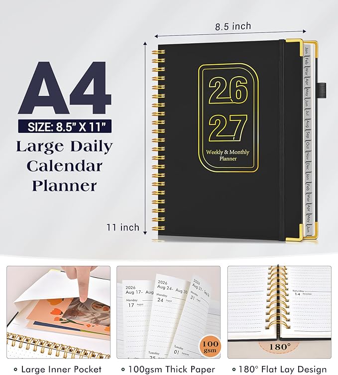 Planner 2026-2027, 18 Months Weekly and Monthly Hardcover Planner, January 2026 - June 2027, 8.5" x 11" A4 Large Daily Calendar Planner Book with Tabs, Spiral Yearly Agenda Organizer Notebook for School Work Home, Black
