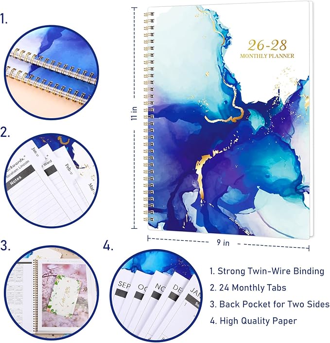 Monthly Planner 2026-2028 - 2 Year Planner 2026-2028, July 2026 - June 2028, 9" × 11", 2 year calendar 26-28 monthly planner with Flexible Cover + Pockets - Waterink
