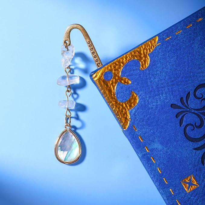 Vintage Metal Pendant Bookmark with Opal Drop Shell&Clear White Quartz Crystal StonesBead Chain–Elegant Natural Stone Protein Bookmarks for Women,Men,Book Lovers and Girls(Bronze)