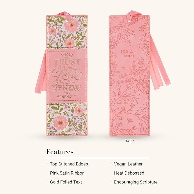 Christian Art Gifts Premium Faux Leather Inspirational Scripture Bookmark for Women: Trust in the Lord Encouraging Bible Verse, Multicolor Coral Pink Floral Design w/Gold, Cute Satin Ribbon Markers
