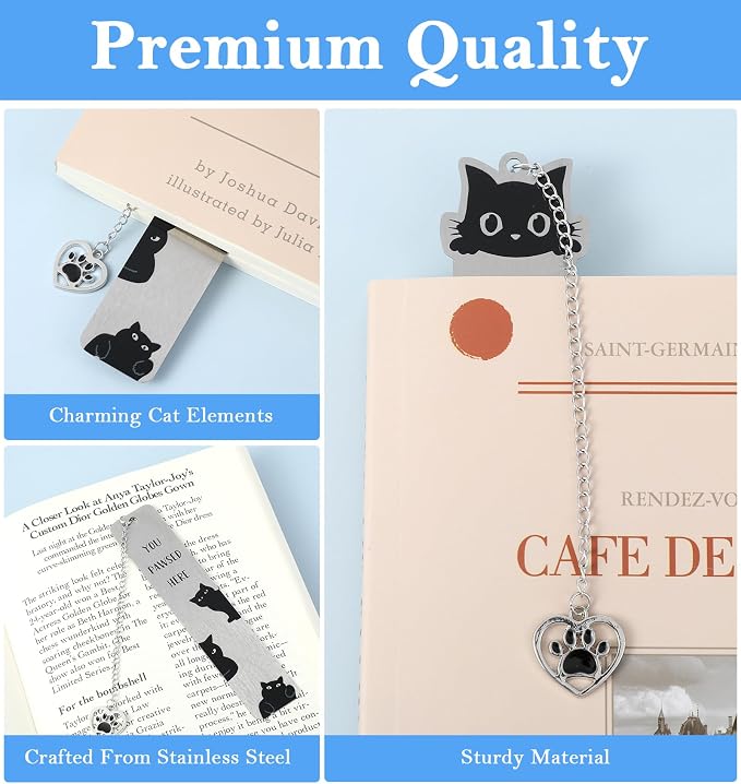 Cat Bookmarks, 2 Pcs Stainless Steel Black Cat Bookmark for Women, Men, Kids, You Paused Here Cute Book Marks for Book Lovers, Birthday, (Silver & Black)