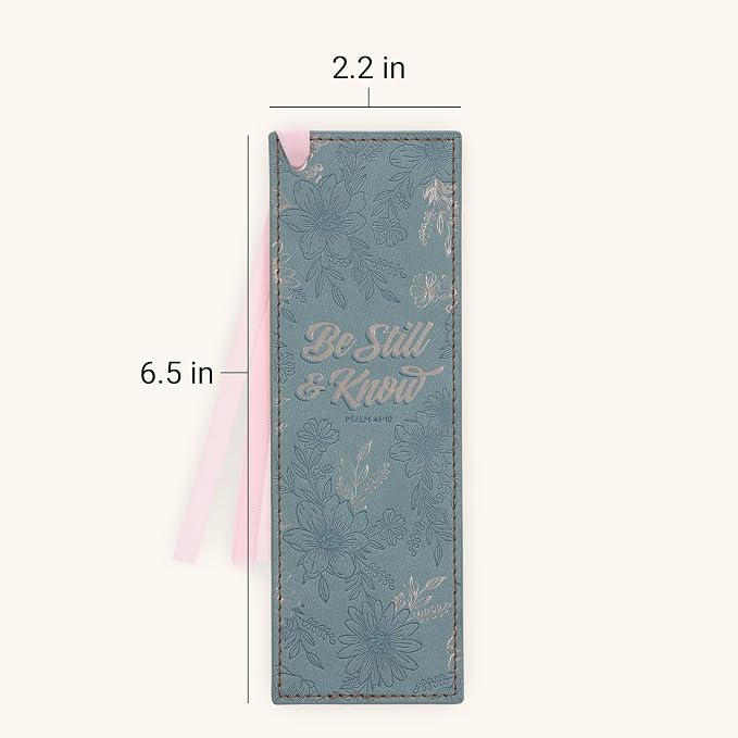 Christian Art Gifts Floral Scripture Bookmark for Women: Be Still & Know Encouraging Silver Bible Verse, Sturdy Faux Leather Heat-Debossed Design, Cream Satin Ribbon Markers for Reading, Marking Pages