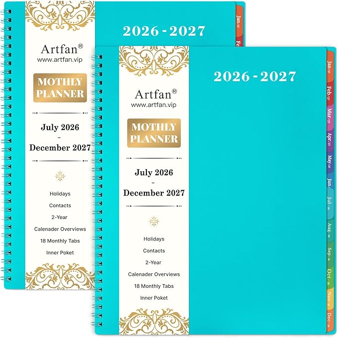 2026-2027 Monthly Planner - JUL 2026 - DEC 2027 Planner/Calendar 2026-2027, 18 Monthly Planners with Tabs & Pocket & Label, Contacts and Passwords, 9" x 11", Thick Paper, Twin-Wire Binding - Blue
