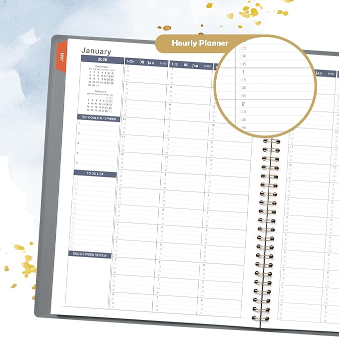 2026 Appointment Book & Planner - 2026 Daily Hourly Planner, JAN 2026 - DEC 2026, 9" x 11", 2026 Planners, 2026 Weekly Appointment Book with 15-Minute Interval, To Do List, Colorful Tabs, Leather Cover - Grey