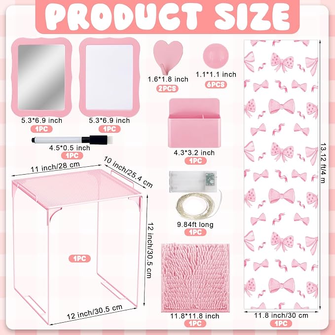 16 Pcs Locker Accessories Kit Pink Locker Organizer Decorations Include Bow Wallpaper String Light Magnetic Whiteboard Mirror Storage Cup Marker Rug Organizing Shelf for Back to School Supply