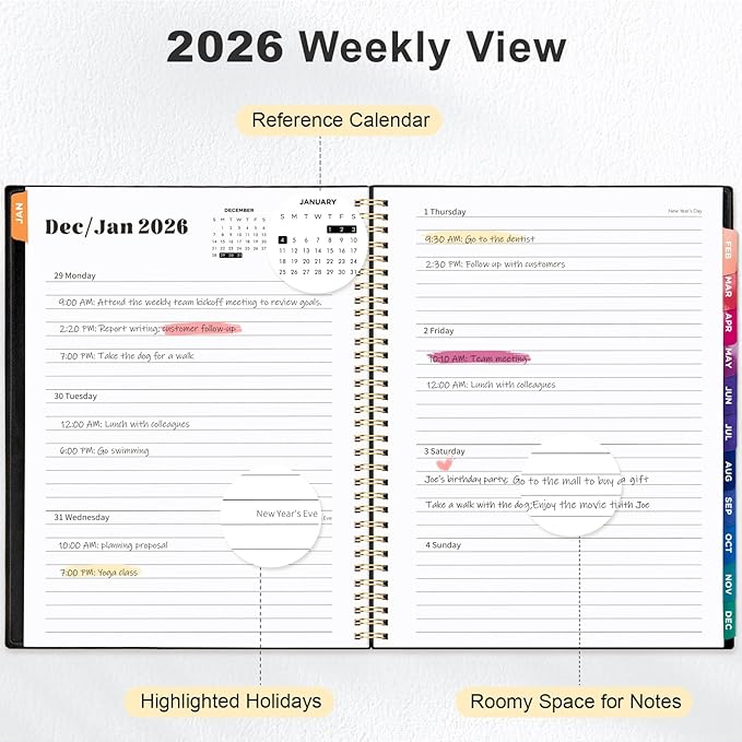 Oucaru 2026 Planner, Weekly and Monthly Planning Calendar, Jan 2026 - Dec 2026, 8.5" x 11", Spiral Bound, 12 Habit Trackers & Monthly Tabs, 2 Storage Pockets, Perfect for Office Home School Supplies