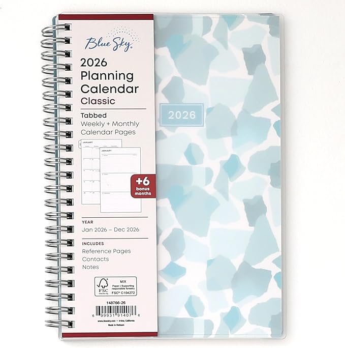 Blue Sky 2026 Weekly and Monthly Planner Calendar, January 2026 - December 2026, 5" x 8", Flexible Frosted Cover, Laminated Tabs, Durable Twin Wire Binding, Amitza