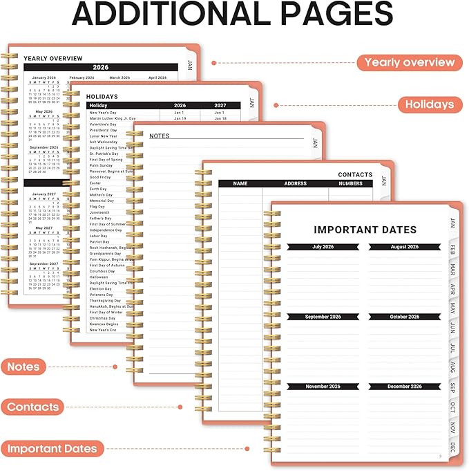 2026 Planner, Weekly and Monthly Calender Planner, Jan 2026 to Dec 2026, Hardcover 2026 Calendar Book with Tabs & Inner Pocket, Office Home School Supplies for Women & Men - A5 (6.3" x 8.5"), Coral