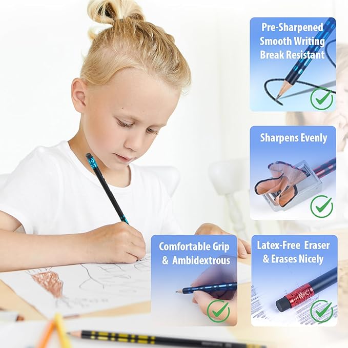 Pre-Sharpened Pencils #2 HB for Kids, School Number 2 Pencils with Latex-Free Erasers, Smooth Writing, Break-Resistant, Easy to Sharpen, Comfort Grip, Back to School Supplies, 12 Count