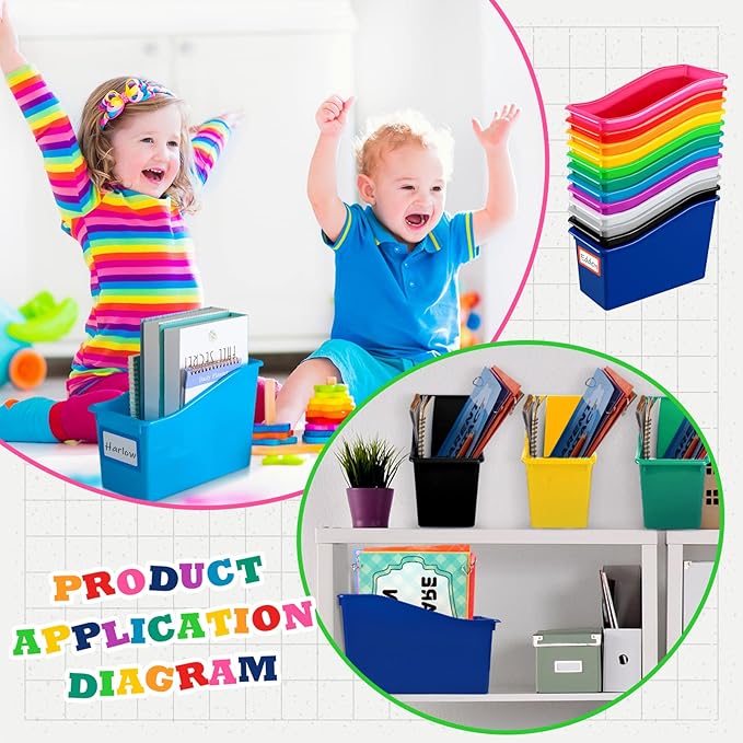 Jinei 24 Pack Multicolor Book Bins for Classroom Decor Bulk Plastic Bins with Name Labels Assorted Color Organization Book Bin Baskets Teacher Storage Boxes for Classroom Office