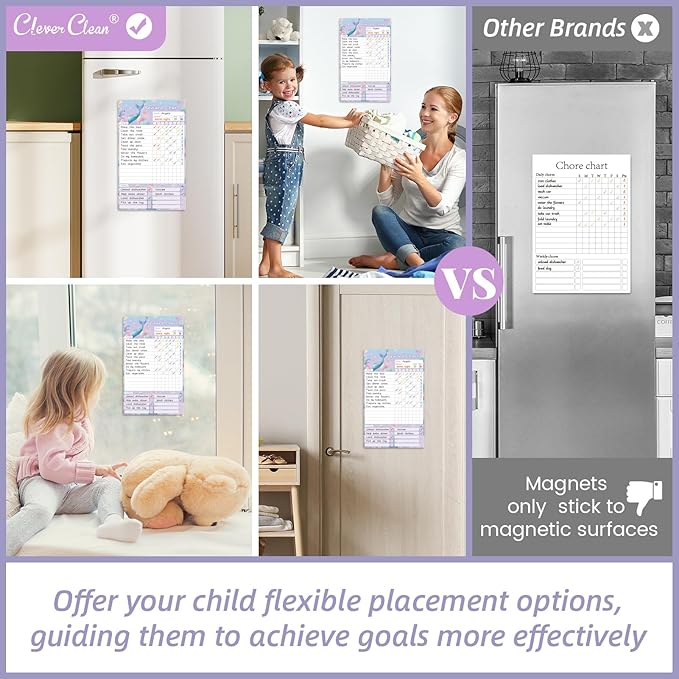 Clever Clean Dry Erase Chore Chart for Kids, Reusable Reward Chart, Non-Magnetic Kids Chore Board Clings to Any Smooth Surfaces, 6 Dry Erase Markers Included (Mermaid)