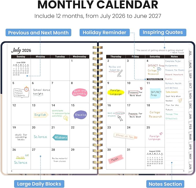 Planner 2026-2027, Monthly and Weekly Calendar Academic Planner July 2026 - June 2027, Hardcover Student Teacher Planning Agenda Book with Tabs, Perfect for Office School Supplies, A5 (6.3" x 8.5") - Midnight Blooms