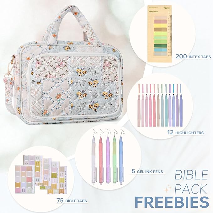 Bible Cover Case for Women Bible Study Supplies Christian Gifts for Women Church Camp Essentials Christian Bible Journaling Kit Quilted Large Bible Cover with Durable Handle (Spliced Flower, Large)