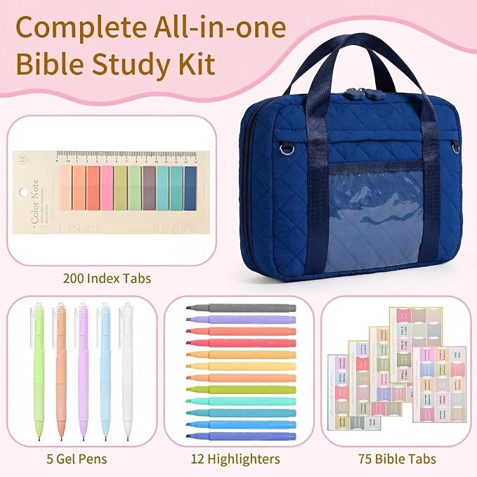 Quilted Bible Cover for Women, Zippered Bible Case with Handle, Bible Organizer Bag w/Multiple Pockets & Pen Slots Lightweight Bible Tote Bag for Church Study, Gifts for Women (Navy Blue)