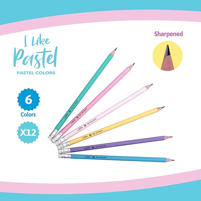 Pointer Pastel HB Pencils with Soft Eraser, Hexagonal Body, Pre-Sharpened, Assorted Colors, 12 Count