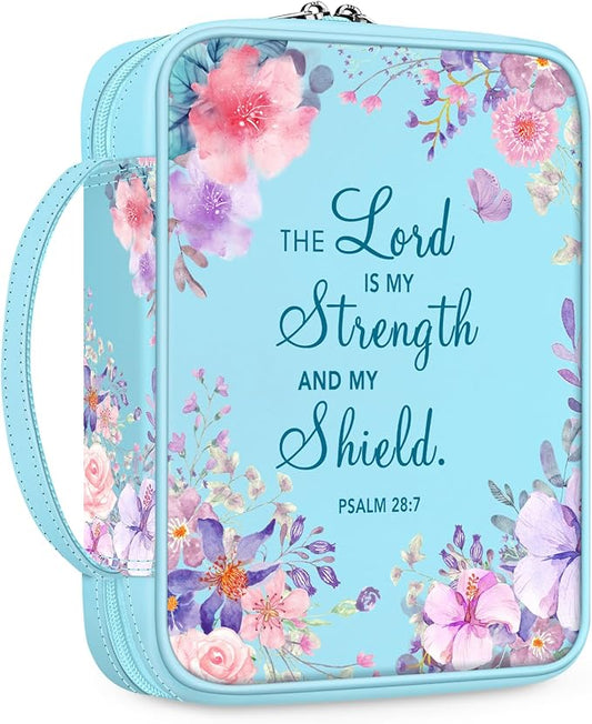 FINPAC Bible Cover, Carrying Book Case Church Bag Bible Protective with Handle and Zippered Pocket, Gift for Mother Lady Women Men, Floral Light Blue