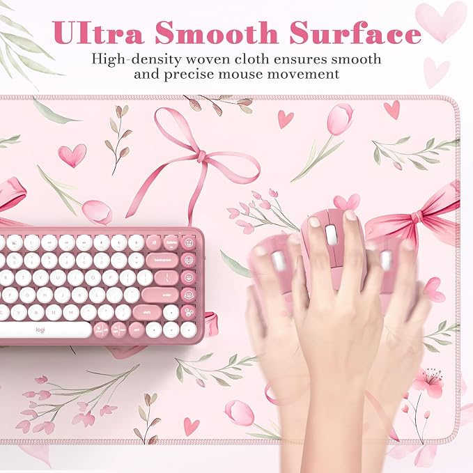 HAOCOO Pink Coquette Desk Mat, Cute Large Mouse Pad for Keyboard, Non-Slip Waterproof Desk Pad, Office Desktop Mat with Stitched Edges, Desk Decor for Women Office Aesthetics