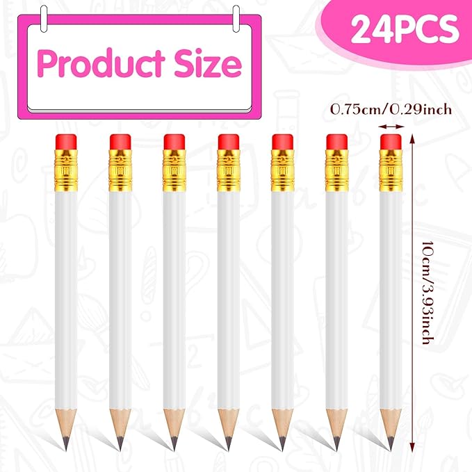 24 Pcs Mini Half Pencils White Golf Pencils with Erasers Bulk 4 Inch Short Pre Sharpened Pencil Small Pencil for Games Baby Shower Bridal Shower Wedding Presents Classroom Back to School Office Pocket