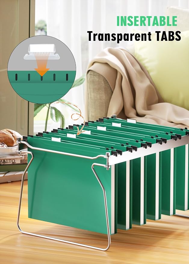 Extra Capacity Plastic Hanging File Folder, 12 Pack Reinforced Hang Folders Letter Size, Heavy Duty 1 Inch Expansion Filing Cabinet Folders, for Bulk Files, Medical Charts, Green