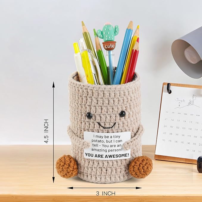 Cute Crochet Pencil Holder with Positive Message,Makeup Brush Holder Desk Organizer for Office School desk,Best Gift For Colleague Classmate And Friends Back to School Suplies