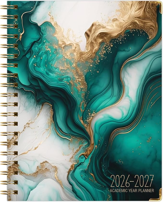 HARDCOVER Academic Year 2026-2027 Planner: 14 Months (May 2026 Through June 2027) 8.5"x 11" Daily Weekly Monthly Planner Yearly Agenda. Bookmark, Pocket Folder and Sticky Note Set (Teal Gold Marble)