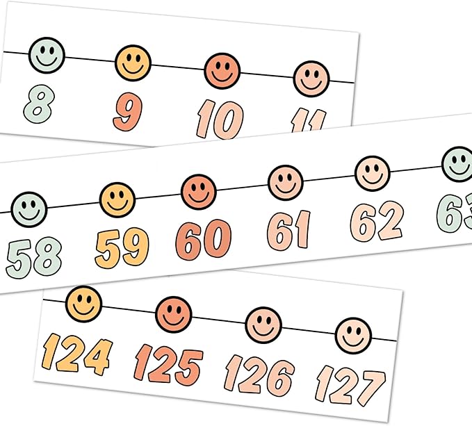 Whaline 32 Pcs Boho Number Line Bulletin Board Colorful Smile Face Number Line Boarder Strips Math Borders for Home Back to School Classroom Wall Decor
