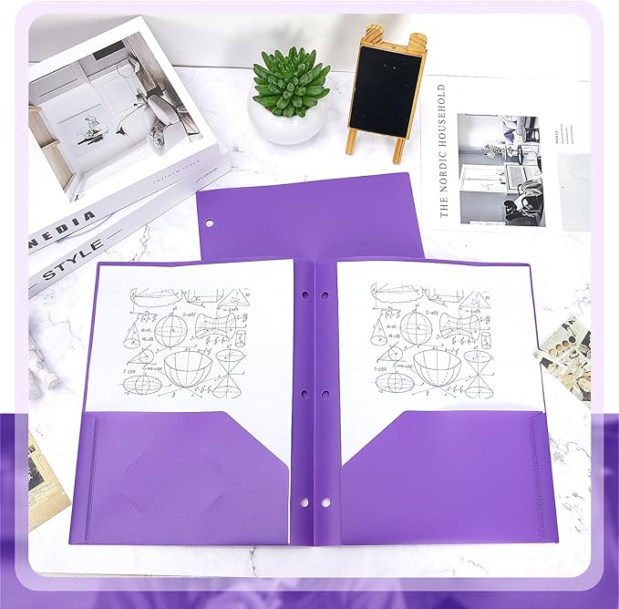 Yeaqee 72 Pcs Plastic Folders with Pockets Bulk 3 Hole Punched 2 Pocket File Folders for 3 Ring Binder Divider Folder for Notebooks, Durable Poly for Office Home (Purple)