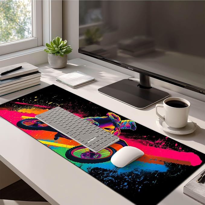 HOMETITUTE XL Desk Pad 31.5 x 11.8 Inch Neon Motorcycle Gaming Mouse Pad Large Extended Keyboard Mat Non Slip Computer Mouse Pads Waterproof Desk Mat for Office Home Gamer Accessories