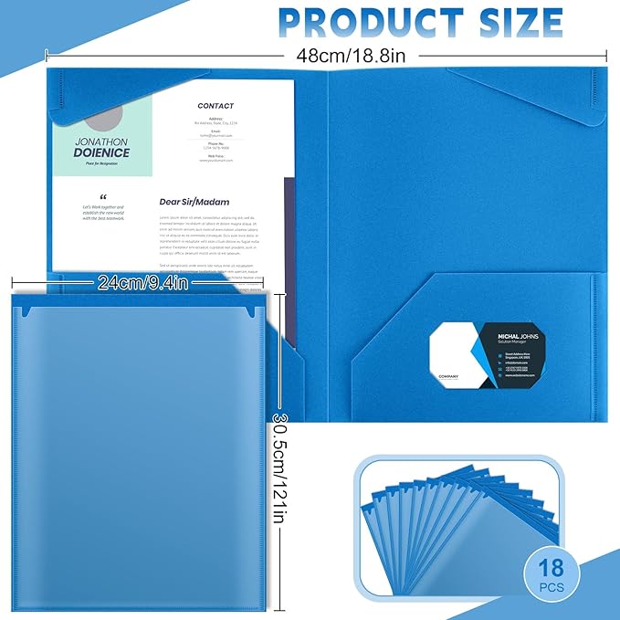 Henoyso 18 Pack Blue Plastic Folders with Clear Front Pockets Heavy Duty File Folders with 2 Pockets and Card Slot for Student Communication School Office Presentation Report