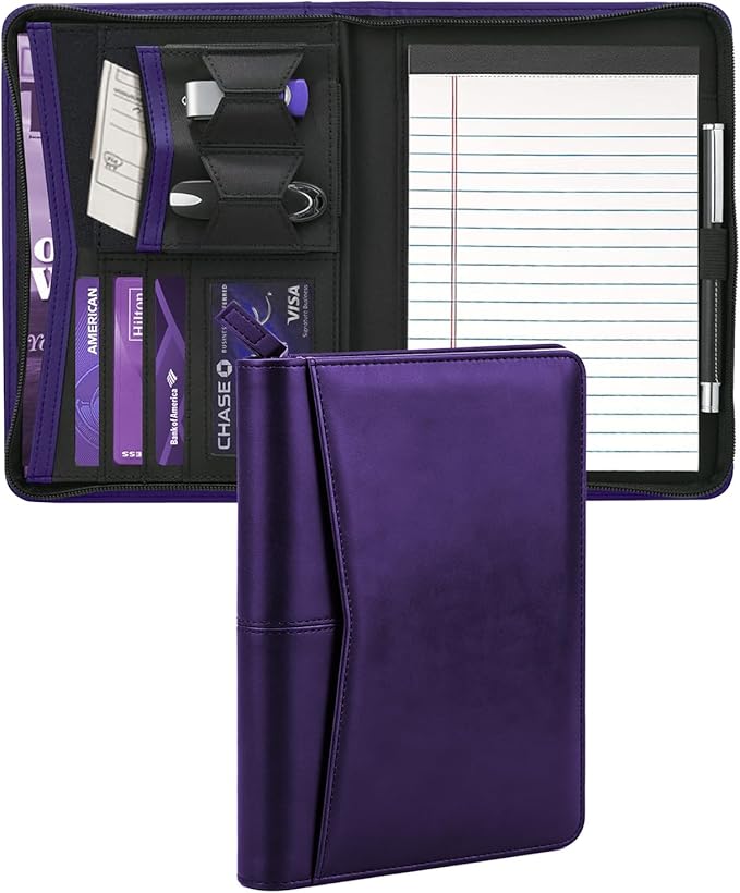 Junior Padfolio Portfolio with 5 x 8 Writing Pad, A5 Business Portfolio Binder Folder Organizer Multi-Function Combination Case for Men Women, Dark Purple