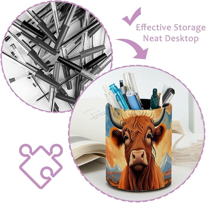 Highland Cow Pen Holder Pencil Organizer Cute Pencil Cup Desk Decor Makeup Brush Holder PU Multifunctional Office Supplies for Home Classroom School
