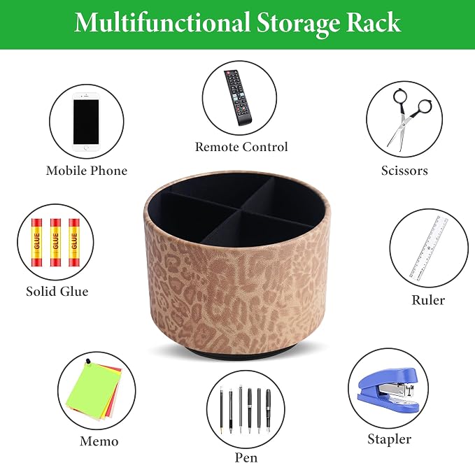 Round Leather Art Supply Organizer,Remote Control Holder,360 Degree Rotating,Multi-Functional Pencil Holder,4 Compartments Desktop Stationary Organizer(1-Leopard Brown)