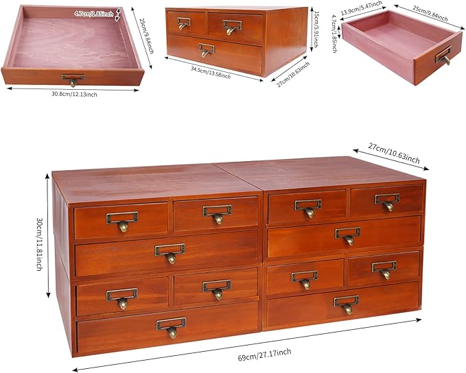 4 Packs Vintage Desktop Apothecary Cabinet, Vintage Desktop Organizer Wood Desktops Organizers Stackable Drawers Chest Drawer with 3 Drawers for Herb Storage Tea Collection Stationery